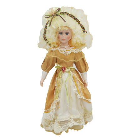 Papusi de colectie - Păpușă de colecție, din porțelan, rochie victoriană, cu suport, mustariu, 45 cm
