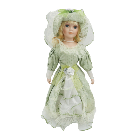 Papusi de colectie - Păpușă de colecție, din porțelan, rochie victoriană, cu suport, verde-deschis, 45 cm