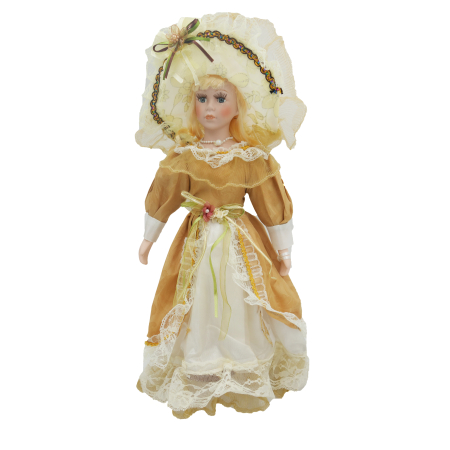 Păpușă de colecție, din porțelan, rochie victoriană, cu suport, mustariu, 45 cm [2]