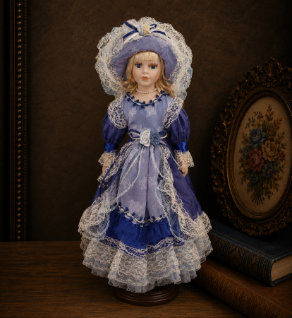 Papusi de colectie - Păpușă de colecție, din porțelan, rochie victoriană, cu suport, albastru, 45 cm