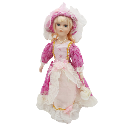 Păpușă de colecție, din porțelan, rochie victoriană, cu suport, alb-roz, 45 cm [1]