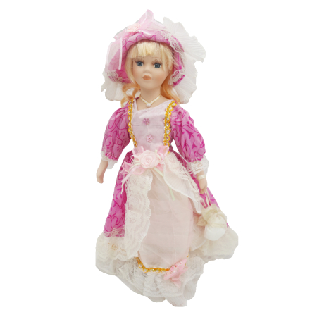 Papusi de colectie - Păpușă de colecție, din porțelan, rochie victoriană, cu suport, alb-roz, 45 cm