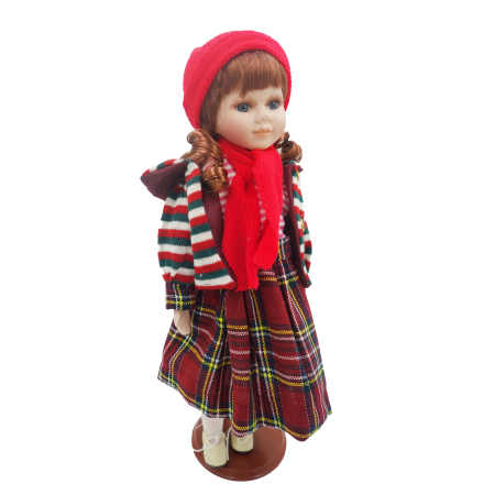 Păpușă de colecție, din porțelan, ținută casual vintage, rosie, cu suport, 45 cm [2]