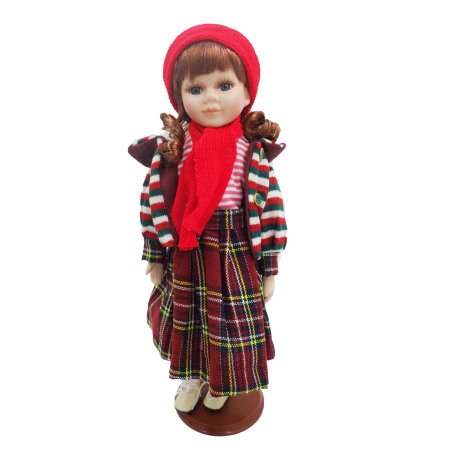 Papusi de colectie - Păpușă de colecție, din porțelan, ținută casual vintage, rosie, cu suport, 45 cm