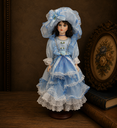 Papusi de colectie - Păpușă de colecție, din porțelan, rochie victoriană, cu suport, albastru-deschis, 43 cm