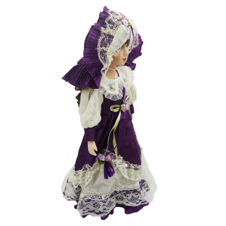 Păpușă de colecție, din porțelan, rochie victoriană, cu suport, mov, 43 cm [4]