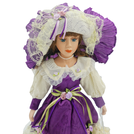 Păpușă de colecție, din porțelan, rochie victoriană, cu suport, mov, 43 cm [3]