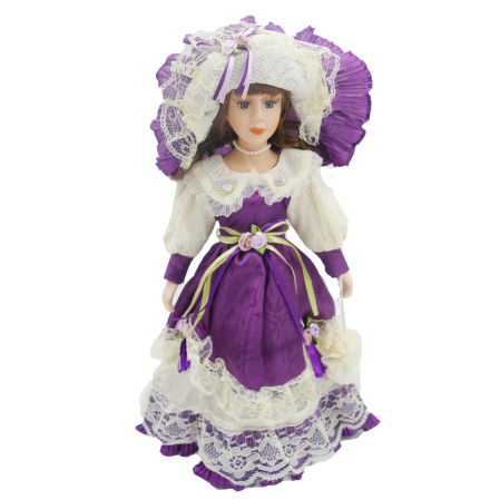 Papusi de colectie - Păpușă de colecție, din porțelan, rochie victoriană, cu suport, mov, 43 cm