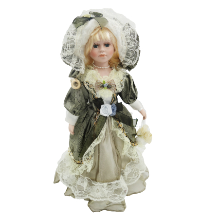 Papusi de colectie - Păpușă de colecție, din porțelan, rochie victoriană, cu suport, verde-inchis, 43 cm