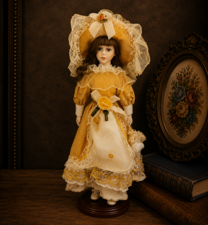 Papusi de colectie - Păpușă de colecție, din porțelan, rochie victoriană, cu suport, galben, 45 cm