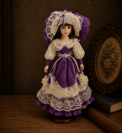 Jucarii - Păpușă de colecție, din porțelan, rochie victoriană, cu suport, mov, 43 cm