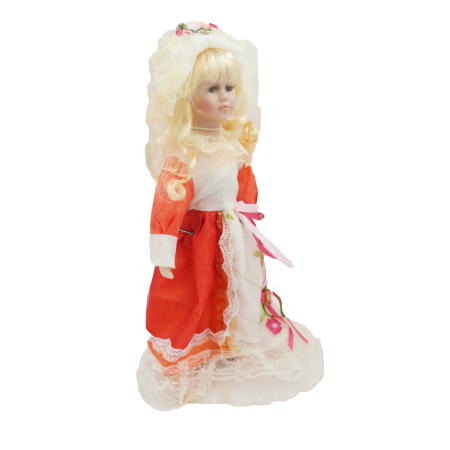 Păpușă de colecție, din porțelan, rochie victoriană, cu suport, alb-corai, 45 cm [3]