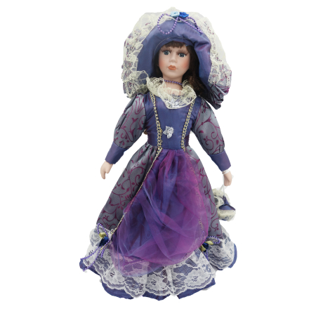 Papusi de colectie - Păpușă de colecție, din porțelan, rochie victoriană, cu suport, mov-lucios, 43 cm