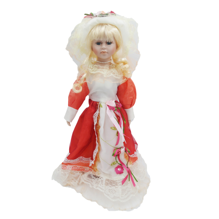 Păpușă de colecție, din porțelan, rochie victoriană, cu suport, alb-corai, 45 cm [1]
