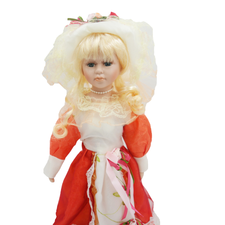 Păpușă de colecție, din porțelan, rochie victoriană, cu suport, alb-corai, 45 cm [4]
