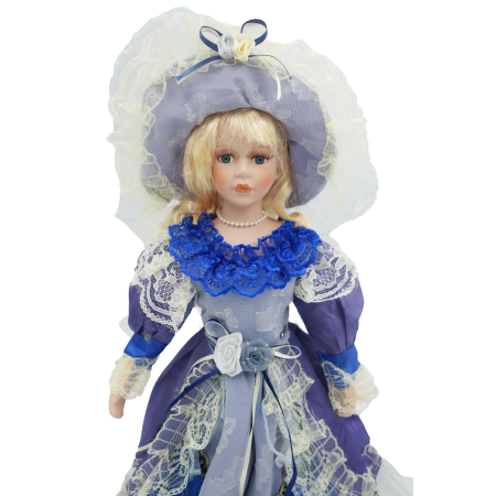 Păpușă de colecție, din porțelan, rochie victoriană, cu suport, albastru-dantela, 45 cm [1]