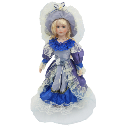 Păpușă de colecție, din porțelan, rochie victoriană, cu suport, albastru-dantela, 45 cm [2]