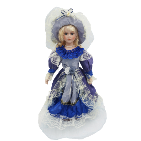 Papusi de colectie - Păpușă de colecție, din porțelan, rochie victoriană, cu suport, albastru-dantela, 45 cm