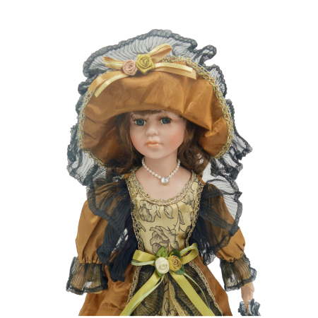 Păpușă de colecție, din porțelan, rochie victoriană, cu suport, maro, 43 cm [3]