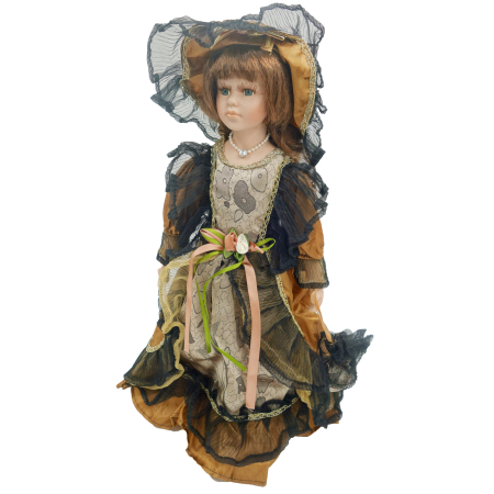 Păpușă de colecție, din porțelan, rochie victoriană, cu suport, maro, 43 cm [2]