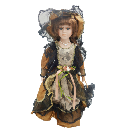 Papusi de colectie - Păpușă de colecție, din porțelan, rochie victoriană, cu suport, maro, 43 cm
