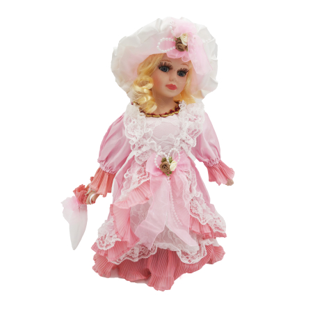Păpușă de colecție, din porțelan, rochie vintage, 32 cm, roz [1]