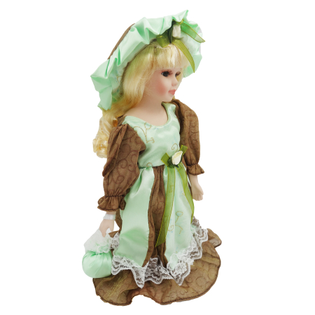Papusi de colectie - Păpușă de colecție, din porțelan, rochie vintage, 32 cm, verde deschis