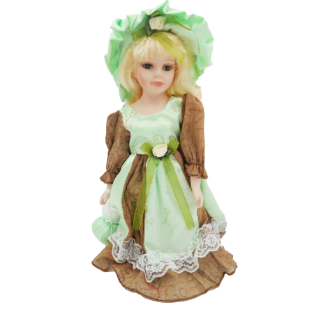 Păpușă de colecție, din porțelan, rochie vintage, 32 cm, verde deschis [2]