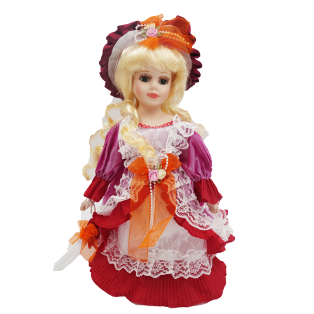 Jucarii - Păpușă de colecție, din porțelan, rochie vintage, 32 cm, rosu