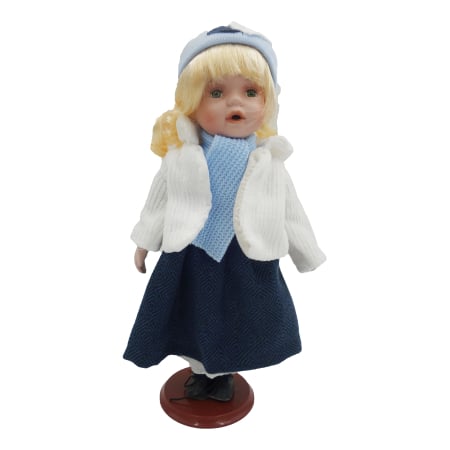 Papusi de colectie - Păpușă de colecție, din porțelan, rochie vintage, 35 cm, alb/albastru