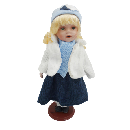 Păpușă de colecție, din porțelan, rochie vintage, 35 cm, alb/albastru [1]