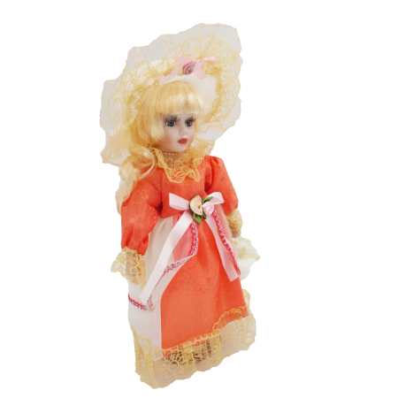 Păpușă de colecție, din porțelan, rochie vintage, 34 cm, portocaliu [1]