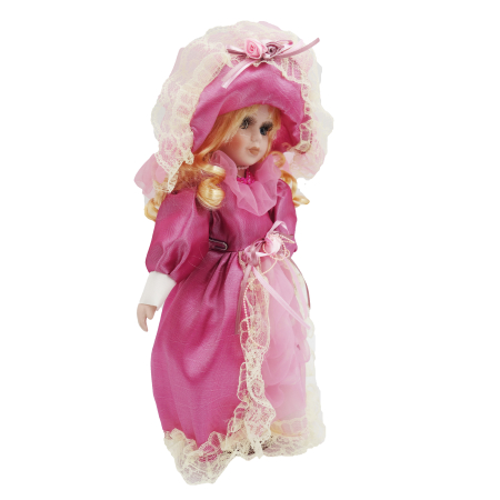 Păpușă de colecție, din porțelan, rochie vintage, 34 cm, roz [1]