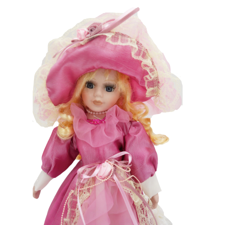Păpușă de colecție, din porțelan, rochie vintage, 34 cm, roz [3]