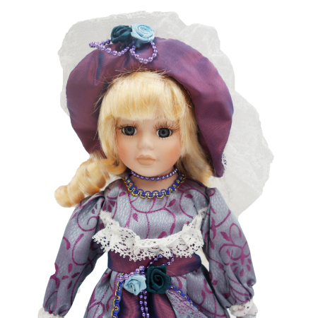 Păpușă de colecție, din porțelan, rochie vintage, 34 cm, argintiu/mov [3]