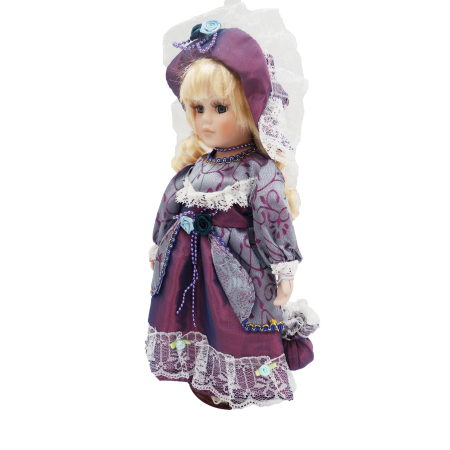 Păpușă de colecție, din porțelan, rochie vintage, 34 cm, argintiu/mov [1]