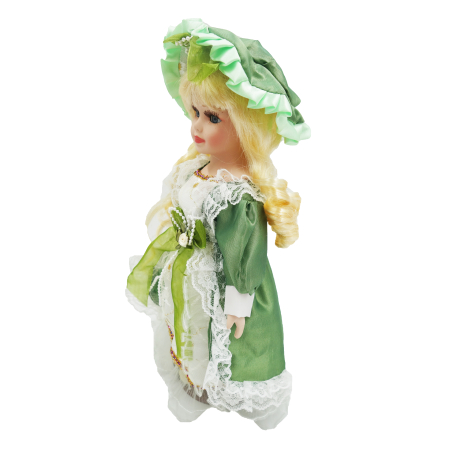 Păpușă de colecție, din porțelan, rochie vintage, 32 cm, verde [1]