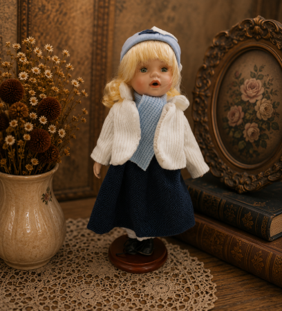 Papusi de colectie - Păpușă de colecție, din porțelan, rochie vintage, 35 cm, alb/albastru