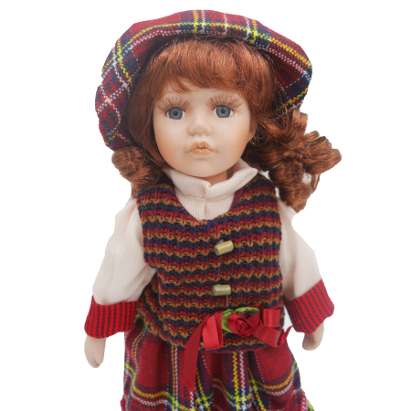 Păpușă de colecție, din porțelan, rochie vintage in carouri, 35 cm, maro [3]