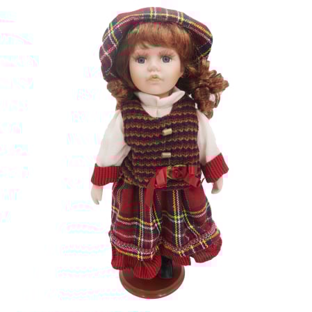 Jucarii - Păpușă de colecție, din porțelan, rochie vintage in carouri, 35 cm, maro