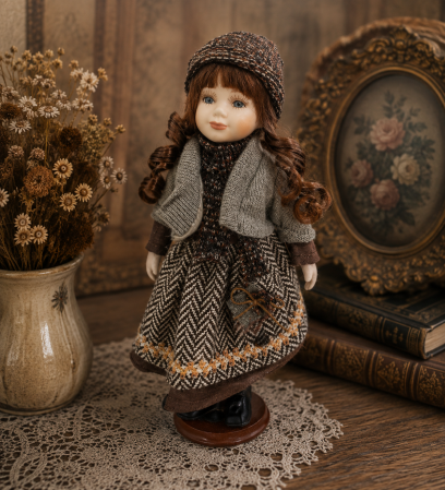 Papusi de colectie - Păpușă de colecție, din porțelan, rochie vintage in carouri, 35 cm, fata zambitoare, gri