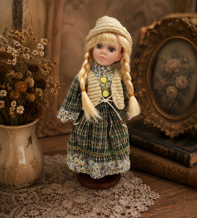 Papusi de colectie - Păpușă de colecție, din porțelan, rochie vintage, 35 cm, verde floral