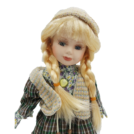 Păpușă de colecție, din porțelan, rochie vintage, 35 cm, verde floral, fata zambitoare [3]