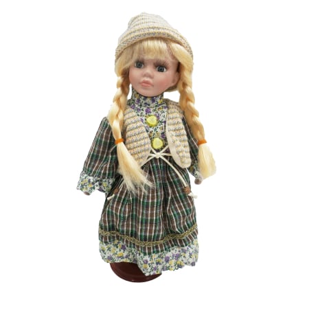 Papusi de colectie - Păpușă de colecție, din porțelan, rochie vintage, 35 cm, verde floral