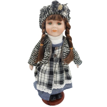 Papusi de colectie - Păpușă de colecție, din portelan, rochie vintage, carouri alb-negru clasic, 34 cm
