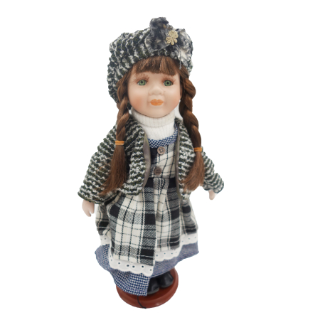 Păpușă de colecție, din portelan, rochie vintage, carouri alb-negru clasic, 34 cm [1]