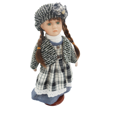 Păpușă de colecție, din portelan, rochie vintage, carouri alb-negru clasic, 34 cm, cu lacrimi [1]