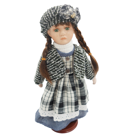 Papusi de colectie - Păpușă de colecție, din portelan, rochie vintage, carouri alb-negru clasic, 34 cm, cu lacrimi