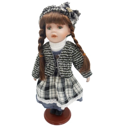 Papusi de colectie - Păpușă de colecție, din portelan, rochie vintage, carouri alb-negru clasic, 34 cm, uimita