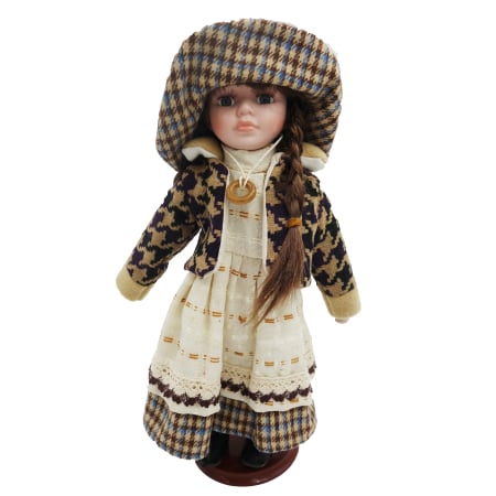 Jucarii - Păpușă de colecție, din portelan, rochie vintage, bej, 34 cm